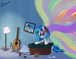 Size: 3850x2975 | Tagged: safe, artist:zaponator, dj pon-3, octavia melody, vinyl scratch, earth pony, pony, unicorn, fanfic:the things tavi says, g4, bottle, disc jockey, fanfic, fanfic art, female, guitar, headphones, high res, lamp, lesbian, mare, music, picture, ship:scratchtavia, shipping, smiling, solo, synesthesia, vinyl's glasses