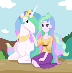 Size: 2576x2624 | Tagged: safe, artist:lovelygirlmusicer, princess celestia, principal celestia, alicorn, human, pony, equestria girls, g4, female, high res, human ponidox, mare, self ponidox, style emulation, the last unicorn, younger, younger celestia