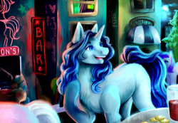 Size: 3507x2424 | Tagged: safe, artist:b00kie, oc, oc only, oc:urban wave, pony, unicorn, blank flank, building, city, female, happy, high res, mare, night, slice of life