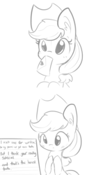 Size: 1650x3300 | Tagged: safe, artist:tjpones, applejack, earth pony, pony, g4, 2 panel comic, blushing, comic, cowboy hat, cute, ear fluff, grammar error, grayscale, hat, jackabetes, letter, love letter, misspelling, monochrome, mouth hold, offscreen character, poem, simple background, tjpones is trying to murder us, white background