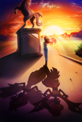 Size: 2500x3730 | Tagged: safe, artist:racoonsan, sunset shimmer, equestria girls, g4, my past is not today, away from viewer, butt, canterlot high, clothes, courtyard, daydream shimmer, duality, female, high res, plot, rear view, shadow, solo, statue, sunset, sunset satan, sunset's conscience, sunshine shimmer, wondercolt statue