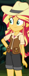 Size: 390x1012 | Tagged: safe, screencap, sunset shimmer, dance magic, equestria girls, equestria girls specials, g4, alternate clothes, clothes, cowboy hat, cropped, female, hand on hip, hat, jungle, safari hat, scenery, shorts, smiling, solo