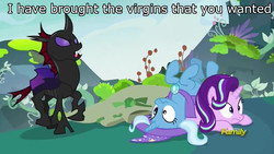Size: 1920x1080 | Tagged: safe, edit, edited screencap, screencap, pharynx, starlight glimmer, trixie, changeling, pony, unicorn, g4, to change a changeling, caption, cute, diatrixes, discovery family logo, female, glimmerbetes, image macro, mare, meme, pony pile, scrunchy face, upside down, virgin