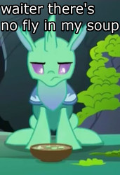Size: 492x720 | Tagged: safe, edit, edited screencap, screencap, soupling, changedling, changeling, g4, to change a changeling, changeling food, cropped, food, frown, glare, horn, image macro, looking down, male, meme, sitting, solo, soup, unamused