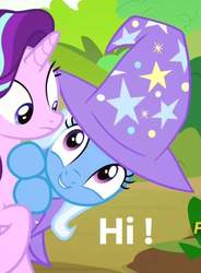 Size: 698x950 | Tagged: safe, screencap, starlight glimmer, trixie, pony, unicorn, g4, to change a changeling, cape, clothes, cute, diatrixes, duo, female, hat, hi, looking at each other, mare, trixie's cape, trixie's hat