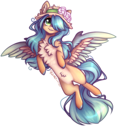 Size: 758x816 | Tagged: safe, artist:tay-niko-yanuciq, oc, oc only, pegasus, pony, chest fluff, female, flower, flying, hair over one eye, hat, mare, solo