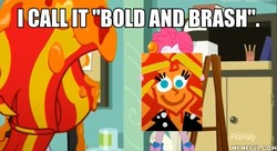 Size: 600x326 | Tagged: safe, edit, edited screencap, screencap, pinkie pie, sunset shimmer, equestria girls, g4, my little pony equestria girls: summertime shorts, the art of friendship, artist unknown (spongebob episode), bold and brash, image macro, meme, memeful.com, painting, spongebob squarepants, sunset's painting