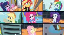 Size: 1257x699 | Tagged: safe, screencap, applejack, fluttershy, pinkie pie, rainbow dash, rarity, sci-twi, sunset shimmer, twilight sparkle, eqg summertime shorts, equestria girls, g4, get the show on the road, bus, clothes, cupcake, female, food, geode of empathy, geode of fauna, geode of shielding, geode of sugar bombs, geode of super strength, geode of telekinesis, glasses, hammer, humane seven, looking at you, magic, ponytail, screwdriver, smiling, smirk, smug, smugpie, telekinesis, the rainbooms tour bus, wrench
