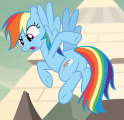 Size: 576x556 | Tagged: safe, screencap, rainbow dash, pony, daring done?, g4, butt, female, mare, out of context, plot, pyramid, solo, somnambula (location)