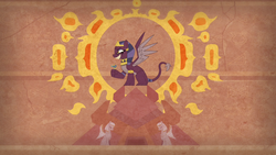 Size: 1920x1080 | Tagged: safe, screencap, prince hisan, the sphinx, pony, sphinx, daring done?, g4, fire, hieroglyphics, pyramid, side view, spread wings, stallion in distress, sun, wings