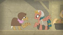 Size: 1920x1080 | Tagged: safe, screencap, somnambula, pegasus, pony, daring done?, g4, bread, elderly, female, food, hieroglyphics, mare, unnamed character, unnamed pony