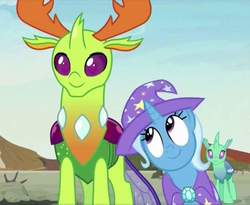 Size: 848x696 | Tagged: safe, screencap, soupling, thorax, trixie, changedling, changeling, pony, unicorn, g4, to change a changeling, cape, clothes, cropped, cute, diatrixes, female, hat, king thorax, male, mare, smiling, trixie's cape, trixie's hat