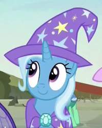 Size: 414x520 | Tagged: safe, screencap, soupling, thorax, trixie, changedling, changeling, pony, unicorn, g4, to change a changeling, cape, clothes, cute, diatrixes, female, hat, king thorax, mare, smiling, solo, trixie's cape, trixie's hat
