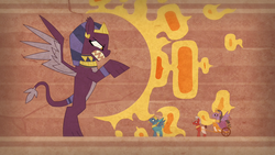 Size: 1920x1080 | Tagged: safe, screencap, hedju-hor, prince hisan, the sphinx, pegasus, pony, sphinx, daring done?, g4, angry, egyptian pony, fire, hieroglyphics, pharaoh, rearing, side view, standing