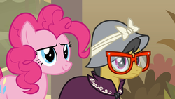 Size: 1920x1080 | Tagged: safe, screencap, a.k. yearling, daring do, pinkie pie, earth pony, pegasus, pony, daring done?, g4, glasses, hat