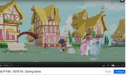 Size: 1372x809 | Tagged: safe, screencap, minuette, ruby pinch, tiny times, twinkleshine, pony, daring done?, g4, dailymotion, newspaper, opening credits, ponyville, spoiler in the source