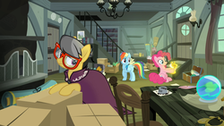 Size: 1920x1080 | Tagged: safe, screencap, a.k. yearling, daring do, pinkie pie, rainbow dash, earth pony, pegasus, pony, daring done?, g4, box, door, globe, house, relic, sparkles