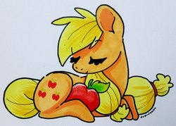 Size: 3198x2294 | Tagged: safe, artist:domino626, applejack, earth pony, pony, g4, apple, eyes closed, female, food, hatless, high res, lying, mare, marker drawing, missing accessory, simple background, smiling, solo, traditional art, white background