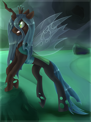 Size: 994x1339 | Tagged: safe, artist:tigra0118, queen chrysalis, changeling, changeling queen, g4, angry, concave belly, female, sharp teeth, solo, spread wings, teeth, thin, wings