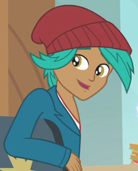 Size: 321x399 | Tagged: safe, screencap, abnormal norman, equestria girls, g4, my little pony equestria girls, background human, beanie, female, hat, smiling, solo