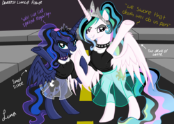 Size: 4823x3445 | Tagged: safe, artist:darkest-lunar-flower, princess celestia, princess luna, alicorn, pony, g4, absurd resolution, alternate hairstyle, bipedal, choker, clothes, collar, ear piercing, earring, female, goth, jewelry, mare, piercing, ponytail, royal sisters, see-through, see-through skirt, skirt, spiked choker, spiked collar