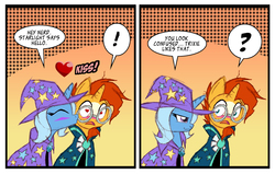 Size: 1305x832 | Tagged: safe, artist:hironakamura, sunburst, trixie, pony, unicorn, g4, abstract background, blushing, cheek kiss, comic, dialogue, exclamation point, eyes closed, female, heart, heart eyes, implied starlight glimmer, kissing, male, mare, open mouth, question mark, ship:trixburst, shipping, speech bubble, stallion, straight, wingding eyes