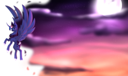 Size: 10000x6000 | Tagged: safe, artist:minelvi, princess luna, pony, g4, absurd resolution, curved horn, female, flying, horn, moon, solo, twilight (astronomy)