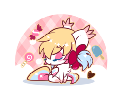 Size: 600x449 | Tagged: safe, artist:snow angel, oc, oc only, oc:candy cream, bat pony, pony, candy, chibi, cute, eyes closed, female, food, lollipop, mare, popsicle, sitting, solo