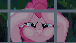 Size: 1265x715 | Tagged: safe, screencap, pinkie pie, pony, daring done?, g4, against glass, female, glass, mare, solo, window