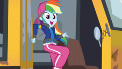 Size: 1280x720 | Tagged: safe, screencap, rainbow dash, equestria girls, g4, get the show on the road, my little pony equestria girls: summertime shorts, backwards ballcap, baseball cap, cap, clothes, female, open mouth, pants, raised leg, rapper dash, sexy, solo