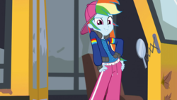 Size: 1280x720 | Tagged: safe, screencap, rainbow dash, equestria girls, g4, get the show on the road, my little pony equestria girls: summertime shorts, backwards ballcap, baseball cap, cap, clothes, female, hat, pants, rapper, rapper dash, school bus, sexy, solo