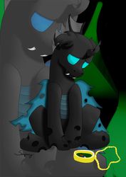 Size: 1000x1415 | Tagged: safe, artist:saxpony, oc, oc only, oc:nictis, changeling, fanfic:without a hive, changeling oc, compass, fanfic, fanfic art, male, sad, solo, zoom layer