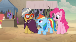 Size: 1279x715 | Tagged: safe, screencap, a.k. yearling, daring do, desert flower, pinkie pie, rainbow dash, violet fulgurite, earth pony, pegasus, pony, unicorn, daring done?, g4, background pony, female, glasses, hijab, male, mare, market, somnambula (location), somnambula resident, stallion