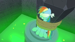 Size: 640x360 | Tagged: safe, screencap, rainbow dash, pegasus, pony, daring done?, g4, animated, blindfold, bondage, damsel in distress, death trap, female, gif, hoofy-kicks, nose in the air, peril, rainbond dash, rope, slime, solo, tied up, volumetric mouth