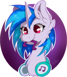 Size: 823x946 | Tagged: safe, artist:woonborg, dj pon-3, vinyl scratch, pony, unicorn, g4, abstract background, bust, cheek fluff, chest fluff, circle background, cute, ear fluff, female, headphones, mare, music notes, portrait, signature, smiling, solo, vinylbetes