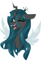 Size: 1526x2319 | Tagged: safe, artist:woonborg, queen chrysalis, changeling, changeling queen, g4, bust, crown, female, floppy ears, jewelry, one eye closed, open mouth, regalia, simple background, smiling, solo, transparent background, wink