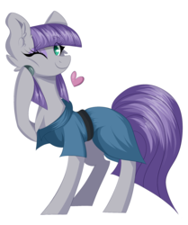 Size: 1710x2041 | Tagged: safe, artist:woonborg, maud pie, earth pony, pony, g4, cheek fluff, chest fluff, clothes, cute, ear fluff, female, heart, mare, maudabetes, one eye closed, raised hoof, simple background, smiling, solo, standing, transparent background, when she smiles, wink