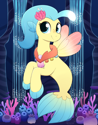 Size: 3500x4472 | Tagged: safe, artist:moozua, princess skystar, pony, seapony (g4), g4, my little pony: the movie, bioluminescent, blue eyes, bubble, coral, cute, dorsal fin, female, fin, fin wings, fins, fish tail, flower, flower in hair, flowing mane, flowing tail, freckles, high res, jewelry, looking at you, mare, necklace, ocean, pearl necklace, scales, seaquestria, seashell necklace, seaweed, smiling, smiling at you, solo, swimming, tail, underwater, water, wings