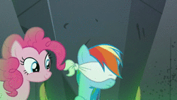 Size: 1280x720 | Tagged: safe, screencap, daring do, pinkie pie, rainbow dash, earth pony, pegasus, pony, daring done?, g4, animated, blindfold, female, mouth hold, no sound, webm