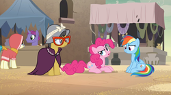 Size: 1271x713 | Tagged: safe, screencap, a.k. yearling, daring do, desert flower, pinkie pie, rainbow dash, violet fulgurite, earth pony, pegasus, pony, unicorn, daring done?, g4, background pony, female, glasses, hijab, male, mare, market, somnambula (location), somnambula resident, stallion