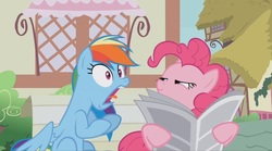 Size: 1675x931 | Tagged: safe, screencap, pinkie pie, rainbow dash, pony, daring done?, g4, faic, newspaper