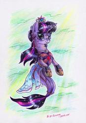 Size: 2696x3868 | Tagged: safe, artist:olgfox, twilight sparkle, seapony (g4), g4, my little pony: the movie, beautiful, bubble, clothes, crepuscular rays, crown, cute, dorsal fin, dress, ethereal mane, eyelashes, female, fin, fin wings, fins, fish tail, floating, flowing mane, flowing tail, gem, high res, hoof shoes, jewelry, lidded eyes, mare, necklace, ocean, pearl necklace, regalia, scales, seaponified, seapony twilight, seaweed, see-through, smiling, solo, sparkles, species swap, starry mane, starry tail, sunlight, swimming, tail, underwater, water, wings