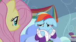 Size: 300x168 | Tagged: safe, screencap, fluttershy, rainbow dash, pegasus, pony, g4, tanks for the memories, about to cry, bathrobe, clothes, crying, cute, dashabetes, female, floppy ears, imminent crying, mare, robe, sad, sadbow dash, teary eyes