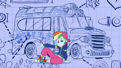 Size: 1280x720 | Tagged: safe, screencap, rainbow dash, eqg summertime shorts, equestria girls, g4, get the show on the road, backwards ballcap, baseball cap, blueprint, breakdancing, cap, clothes, converse, female, hat, pants, pose, rapper dash, school bus, sexy, shoes, sitting, sneakers, solo
