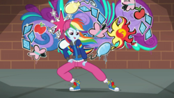 Size: 1280x720 | Tagged: safe, screencap, rainbow dash, equestria girls, g4, get the show on the road, my little pony equestria girls: summertime shorts, backwards ballcap, baseball cap, breakdancing, cap, clothes, converse, female, graffiti, hat, pants, rapper dash, sexy, shoes, sneakers, solo