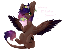 Size: 1023x824 | Tagged: safe, artist:twinkepaint, oc, oc only, oc:evening howler, pegasus, pony, colored wings, female, flower, mare, multicolored wings, one eye closed, simple background, sitting, solo, spread wings, transparent background, wings, wink