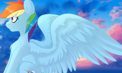 Size: 1200x720 | Tagged: safe, artist:tigra0118, rainbow dash, pegasus, pony, g4, chest fluff, cloud, female, large wings, mare, profile, sitting, sky, smiling, solo, spread wings, wings