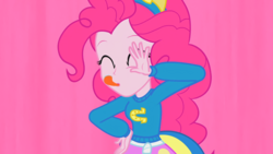 Size: 1920x1080 | Tagged: safe, screencap, pinkie pie, equestria girls, g4, my little pony equestria girls, clothes, collar, female, helping twilight win the crown, shirt, skirt, teenager, tongue out, wondercolts, wondercolts uniform