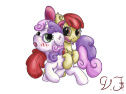 Size: 1600x1200 | Tagged: safe, artist:velvet frame, apple bloom, sweetie belle, earth pony, pony, unicorn, g4, :o, accessory swap, blushing, bow, cute, duo, female, filly, lesbian, looking back, mouth hold, open mouth, ship:sweetiebloom, shipping, simple background, smiling