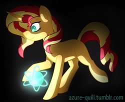 Size: 991x807 | Tagged: safe, artist:azure-quill, sunset shimmer, pony, unicorn, g4, abstract background, female, glowing, shading, smiling, solo, walking